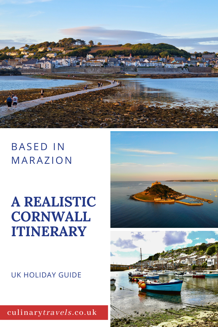 Pinterest graphic showing a realistic Cornwall itinerary based in Marazion with coastal villages and harbour scenes