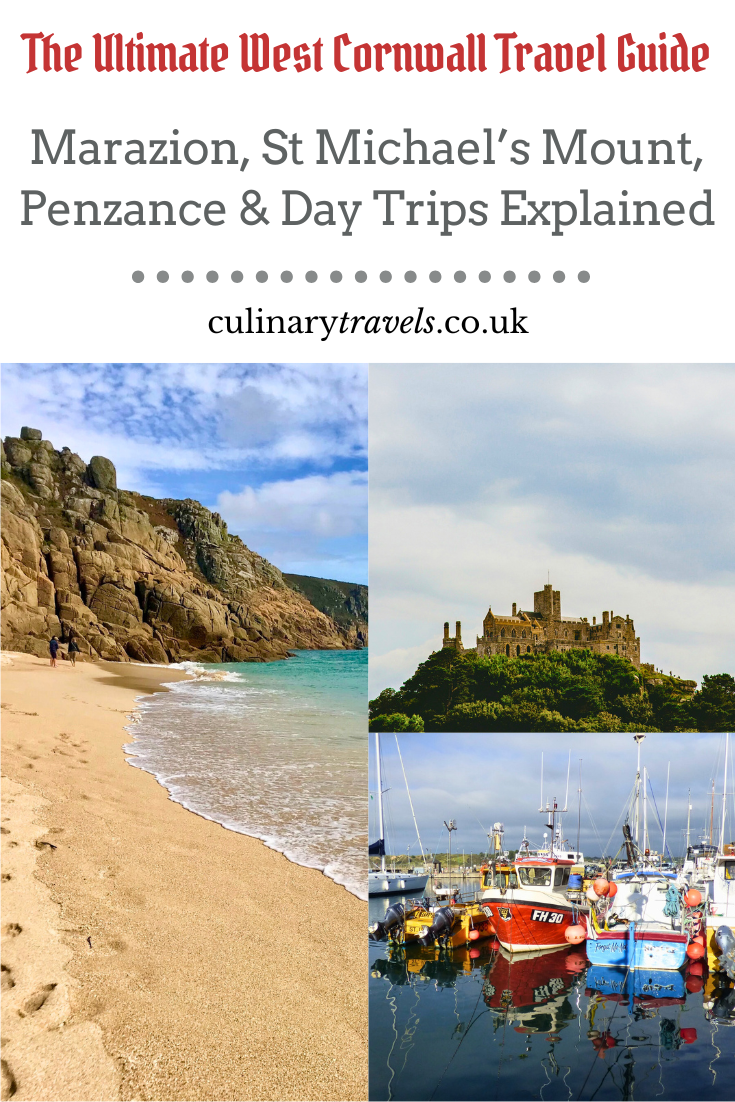 Graphic cover for a West Cornwall travel guide featuring Marazion, St Michael’s Mount, Penzance and nearby day trips