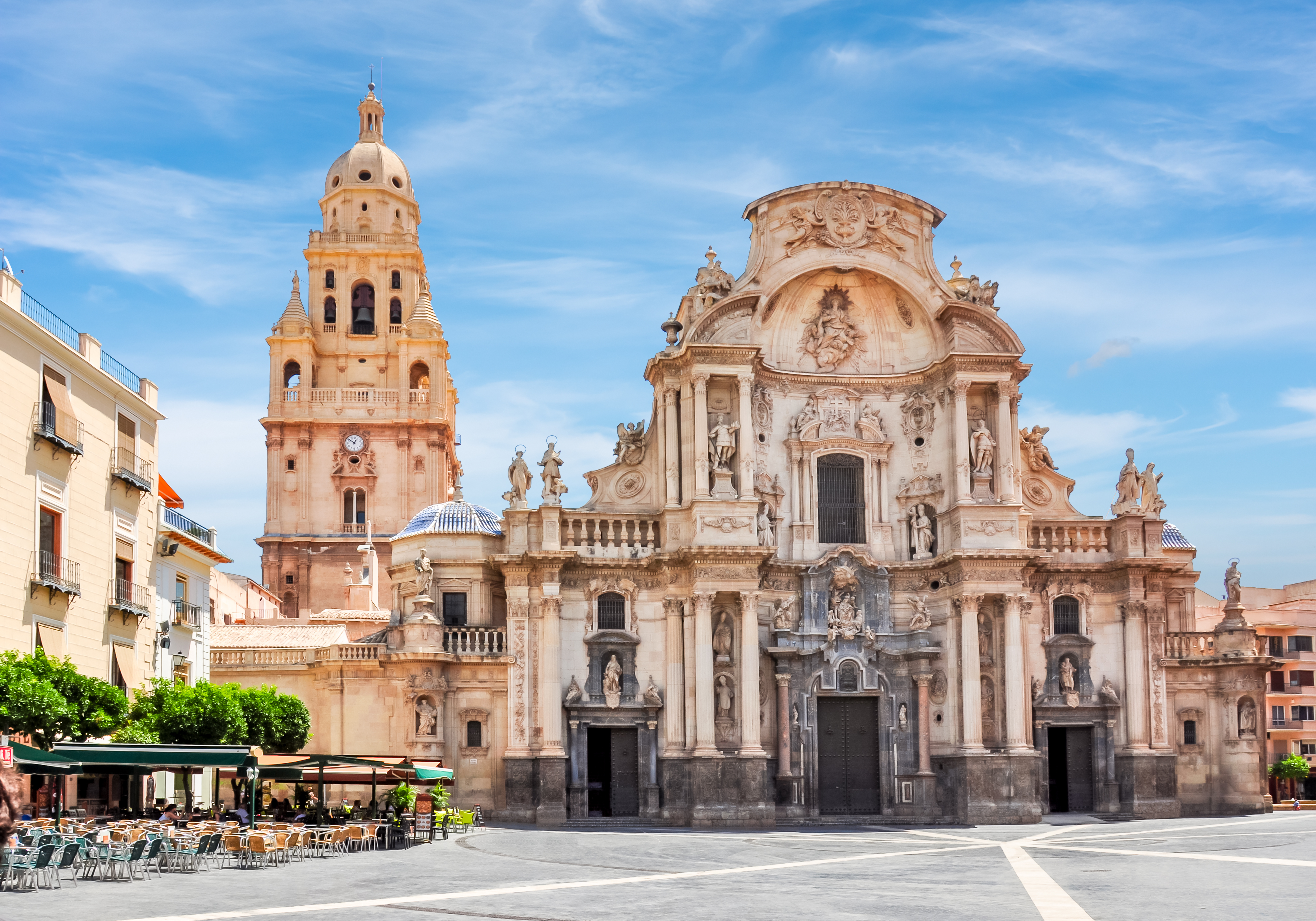 Murcia Cathedral and Plaza del Cardenal Belluga in the historic centre, with caf&eacute; terraces and pedestrian space around the old town