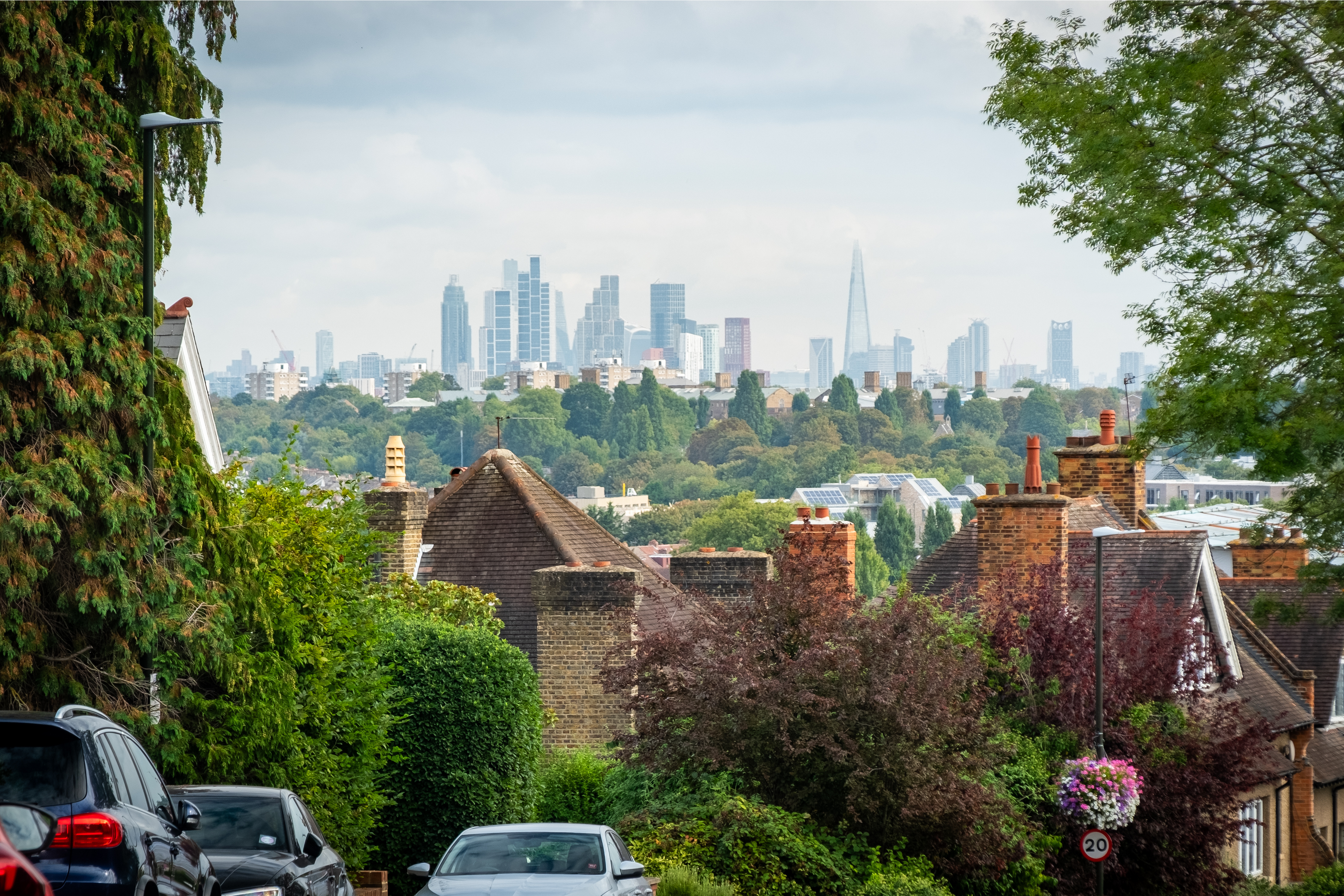 Leafy Wimbledon rooftops with the London skyline beyond, capturing the area&rsquo;s village feel within the city