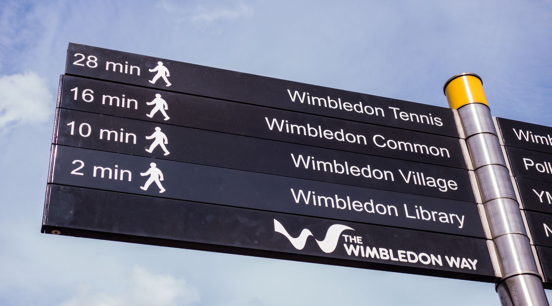 Black Wimbledon Way sign showing walking times to Wimbledon Tennis, Wimbledon Common, Wimbledon Village and Wimbledon Library.